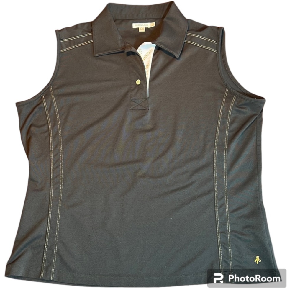Green Lamb Sleeveless Golf Polo Black Gold Stitching Women Lg US 12 Preppy